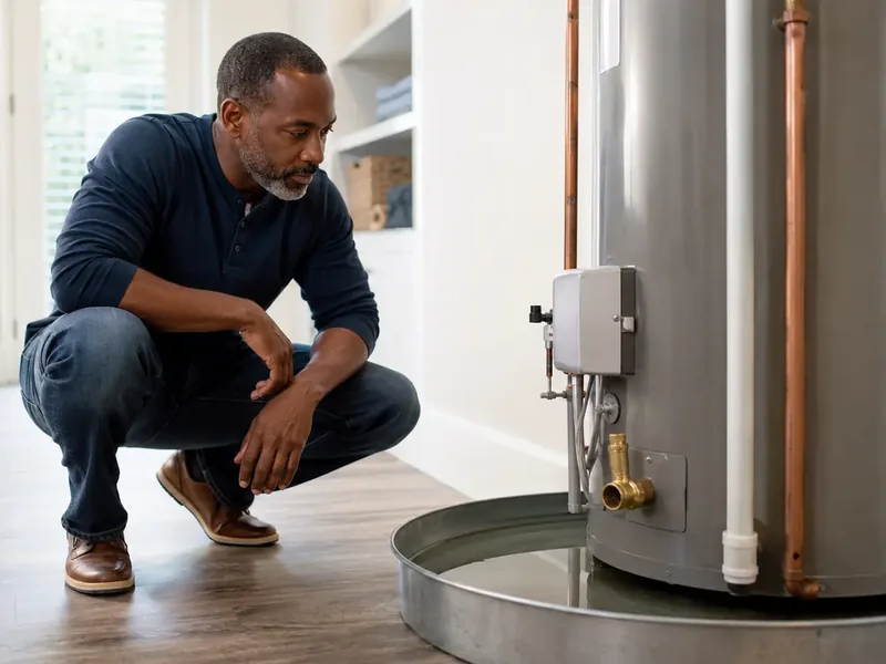 Emergency water heater leak repair in a Maricopa AZ tract home garage