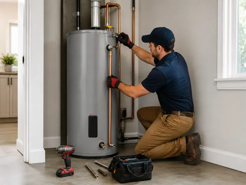 Technician repairing a leaking tank water heater in Chandler, AZ