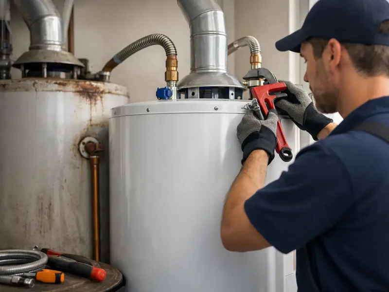 Technician repairing a leaking tank water heater in Guadalupe, AZ