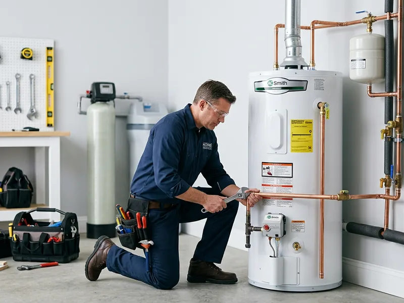 Technician repairing a leaking tank water heater in Sacaton, AZ
