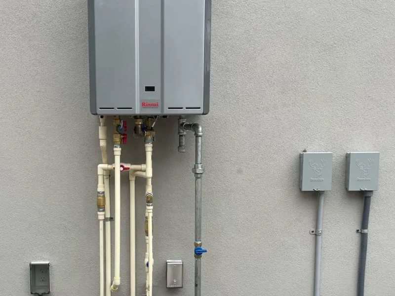 Technician diagnosing a leaking tankless water heater in Sun Lakes, AZ 85248