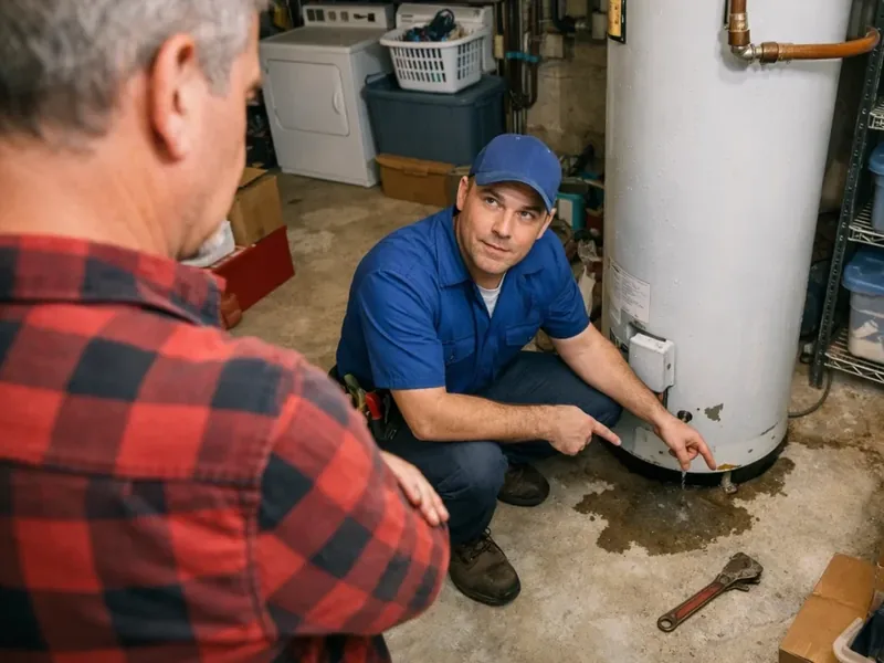 Close inspection of water heater fittings and valves during leak detection in Mesa, AZ
