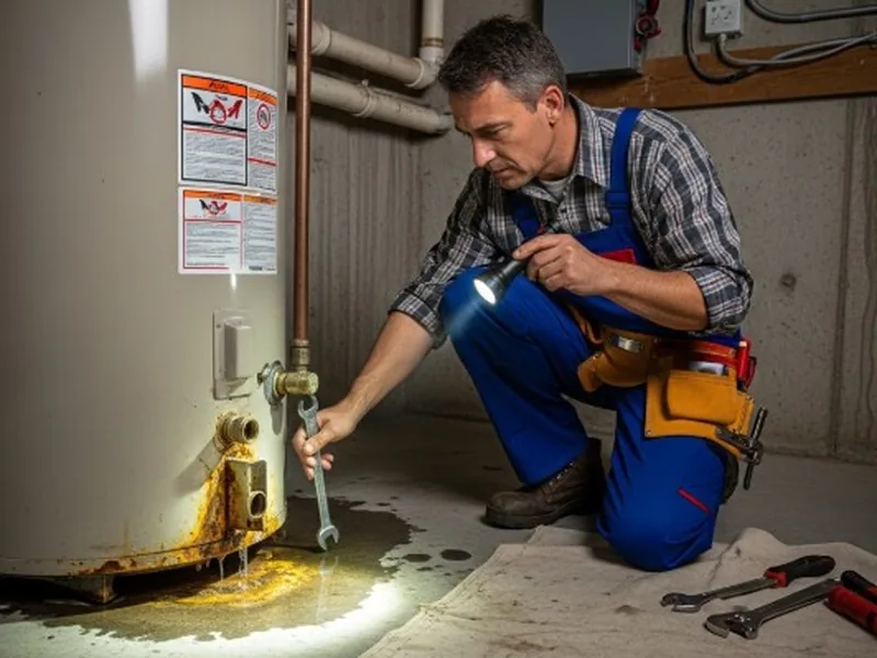 Plumber using thermal imaging to find a hidden water heater leak in a Phoenix home