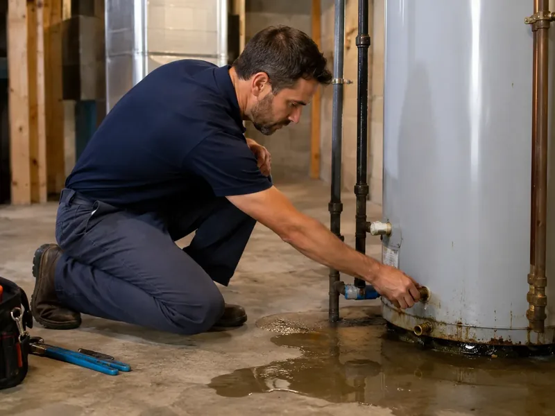Plumber using thermal imaging to find a hidden water heater leak in a Sacaton home