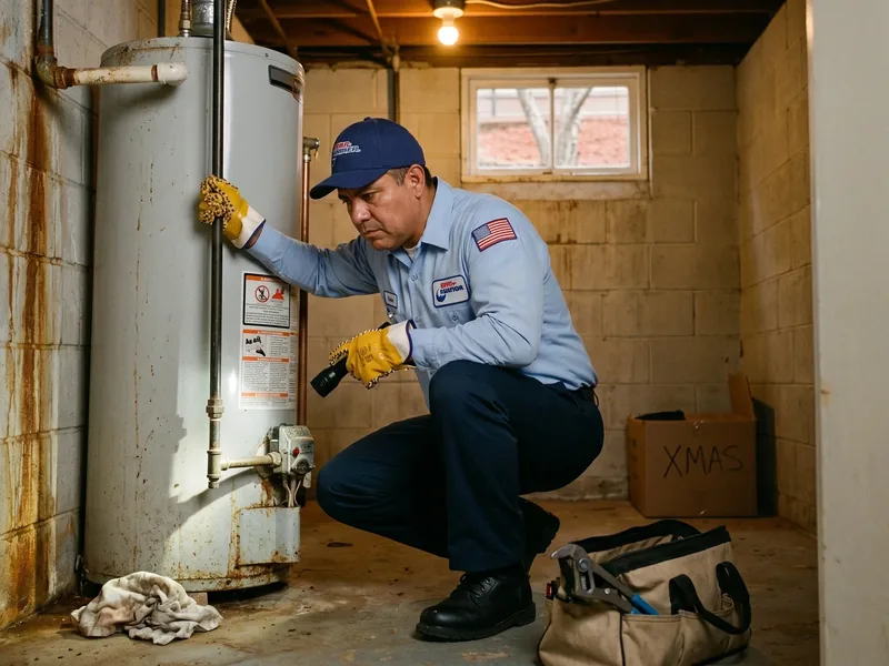 Close inspection of water heater fittings and valves during leak detection in Scottsdale, AZ