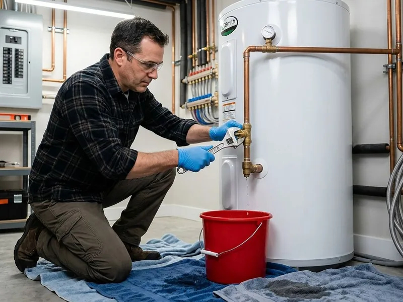 Plumber using thermal imaging to find a hidden water heater leak in a Sun Lakes home