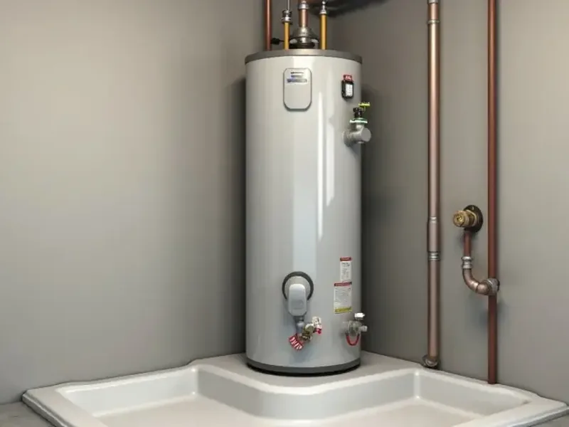 New aluminum drain pan installed under a tank water heater in a Guadalupe home