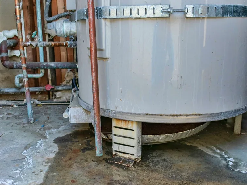 New aluminum drain pan installed under a tank water heater in a Higley home