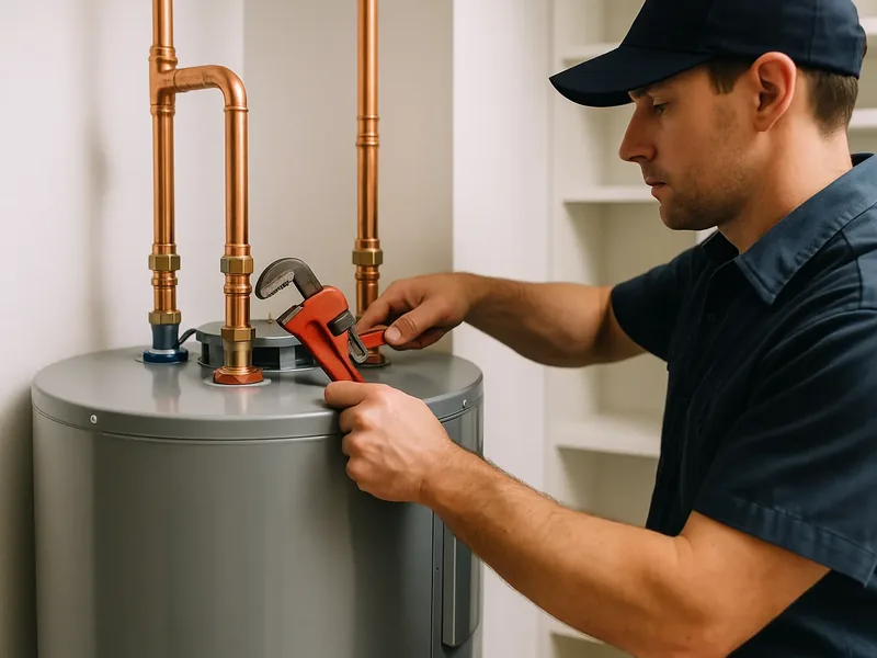 Technicians installing a new tank water heater in a Gilbert garage