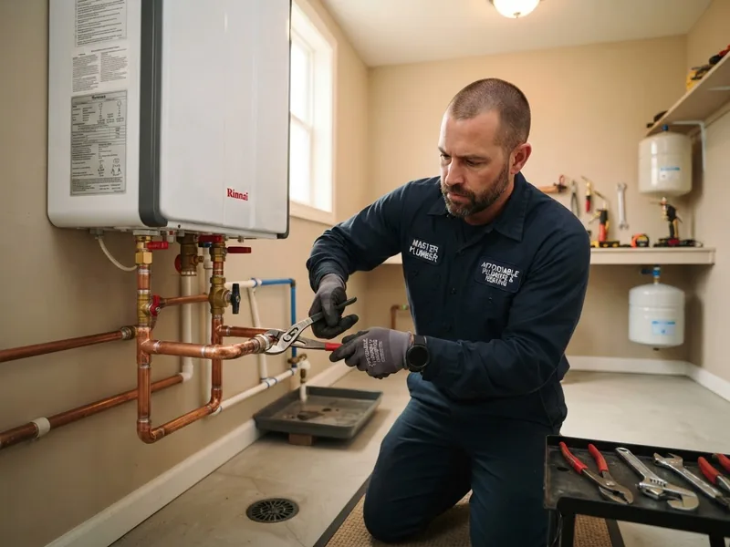 Brand new water heater with expansion tank and drain pan in a Mesa, AZ home