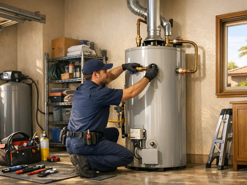 Technicians installing a new tank water heater in a Queen Creek garage
