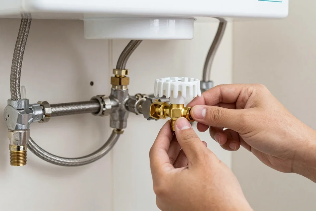 Plumber installing a brass drain valve on a water heater in Apache Junction Arizona