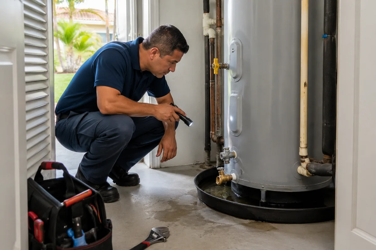 Emergency technician repairing a leaking water heater at night in Apache Junction AZ