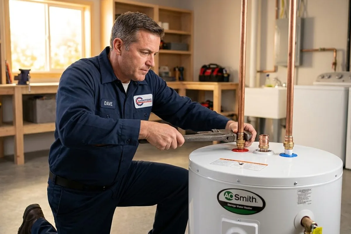 Technician diagnosing a leaking tank water heater in an Apache Junction home