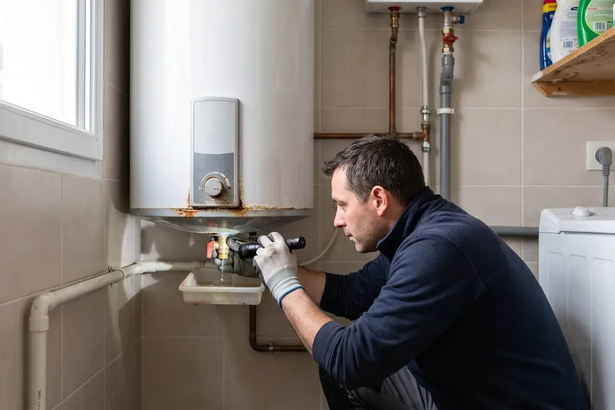 Technician using a moisture meter to detect a hidden water heater leak in Apache Junction