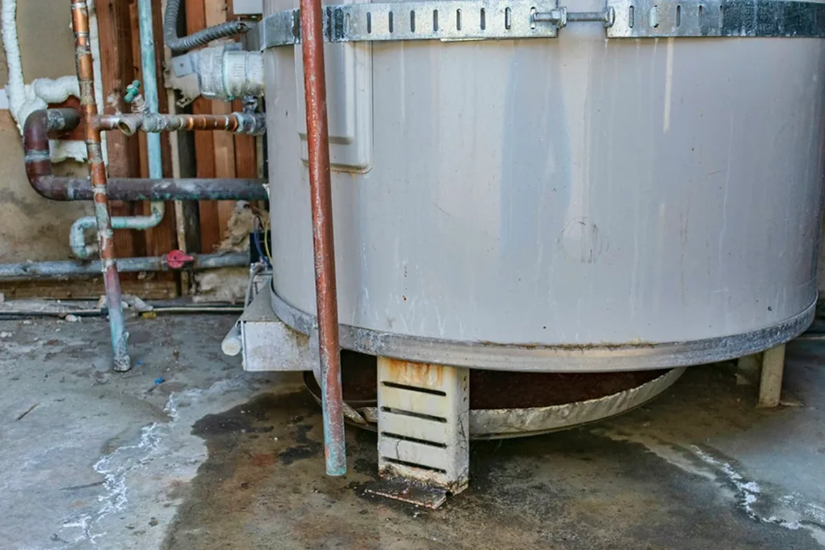 New drain pan installed under a water heater with drain line in Apache Junction AZ